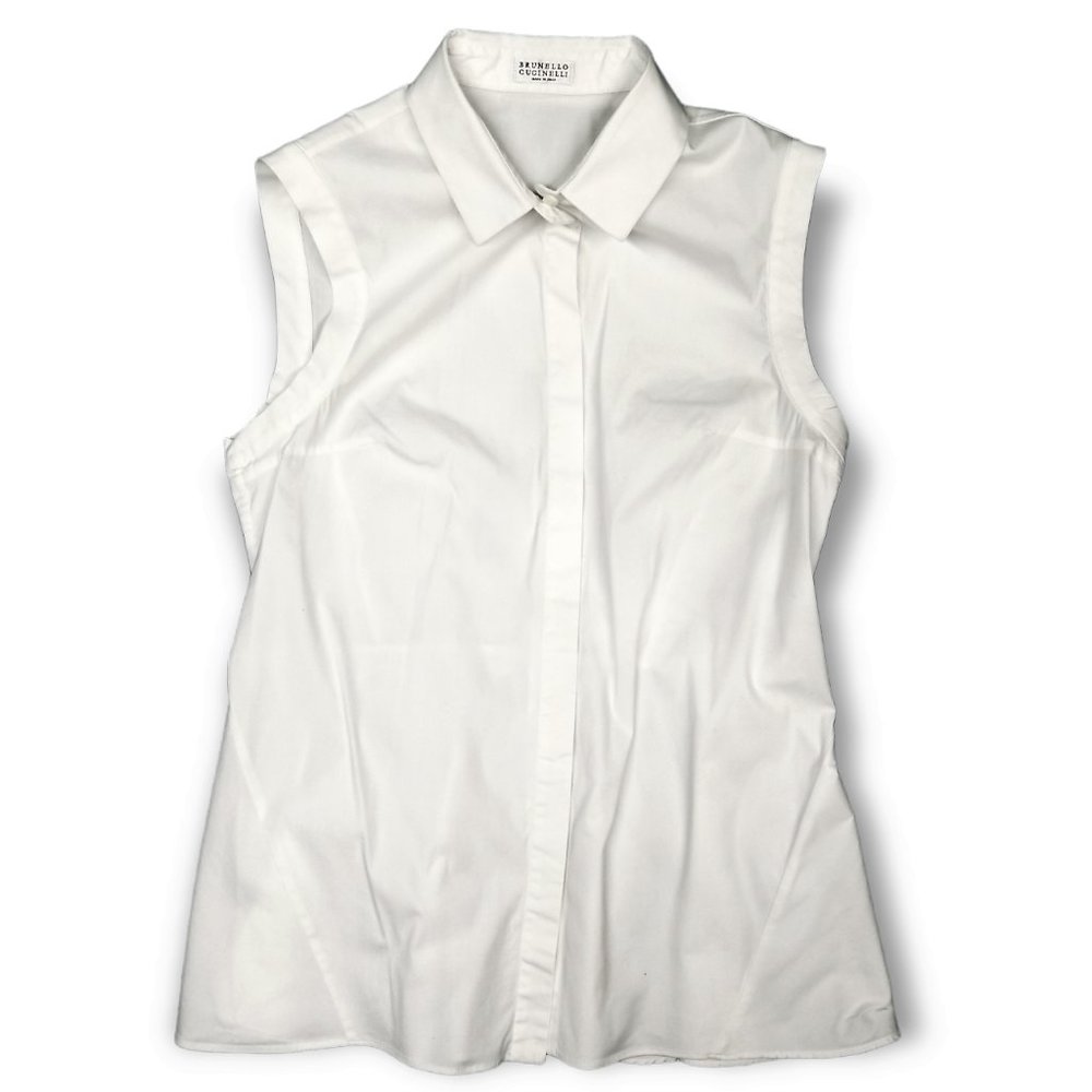 Brunello Cucinelli - Off White Sleevless Poplin Top w/ Eco Finish Brass Applique
